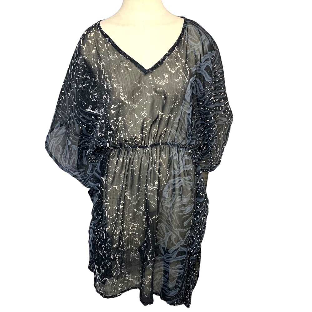 AZURA Black Gray White Sheer Swim Cover Up Shift Dress Novelty Print One Size